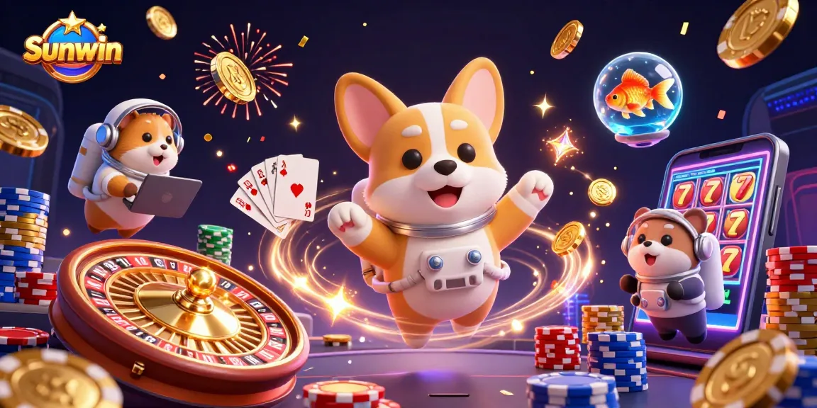 Sunwin takes center stage in a vibrant 3D cosmic casino scene filled with floating coins and cards.