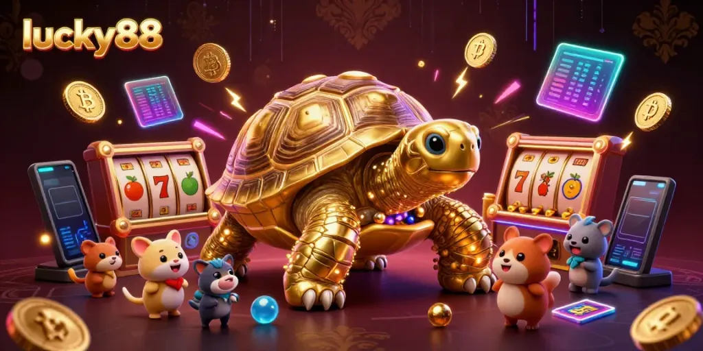 Experience jackpot excitement at lucky88 with a golden tortoise pinball machine surrounded by vibrant game elements.