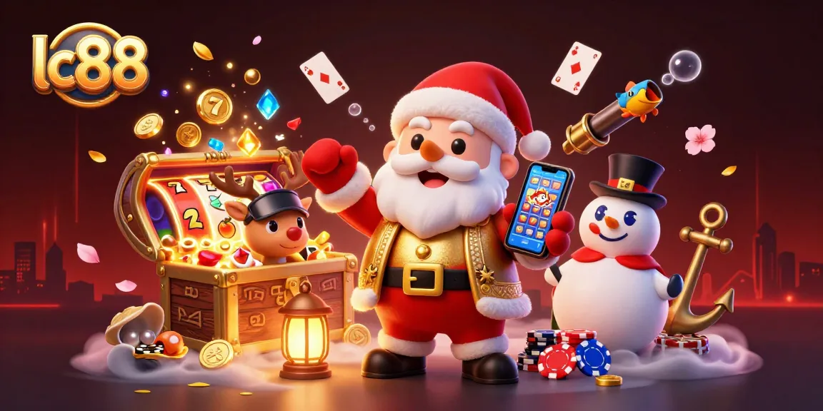 Experience thrilling jackpot wins with lc88 in this vibrant 3D casino scene featuring Santa and friends.
