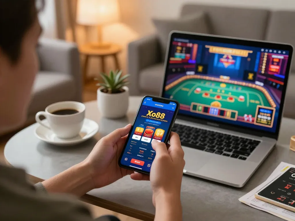 Xo88 casino app interface displaying a thrilling online gaming experience from a cozy home.