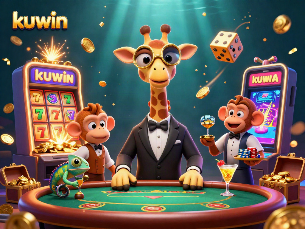 Kuwin offers a vibrant casino scene with a high-roller giraffe, jackpot slot machine, and dynamic gambling action.