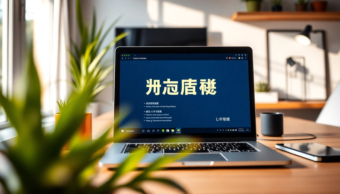 在现代工作空间的一台时尚笔记本电脑上展示的快连下载，象征着安全连接。