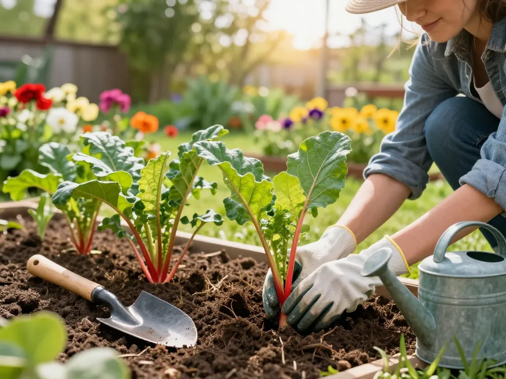 Gardener planting rabarber planten kopen in a sunny home garden with gardening tools nearby.