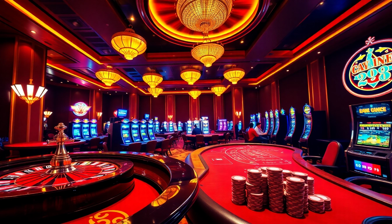 A thrilling gaming experience at Trang Chủ DA88 featuring poker tables, roulette wheels, and high-stakes players.