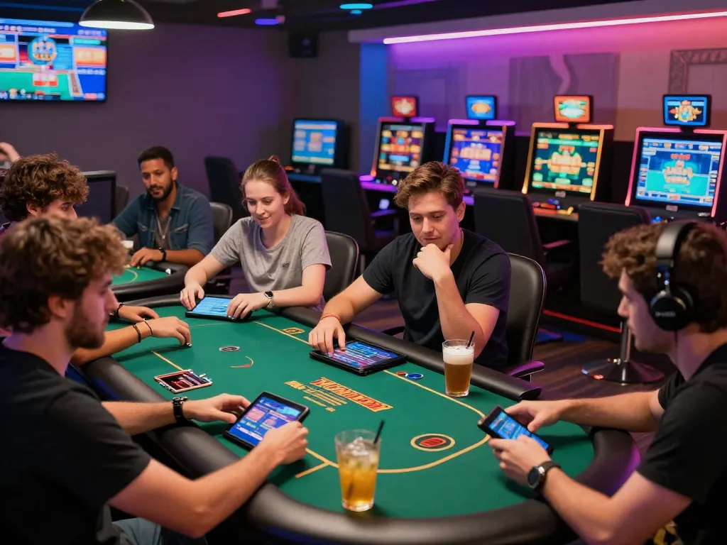 B52club players enjoying thrilling casino games in a vibrant gaming lounge.