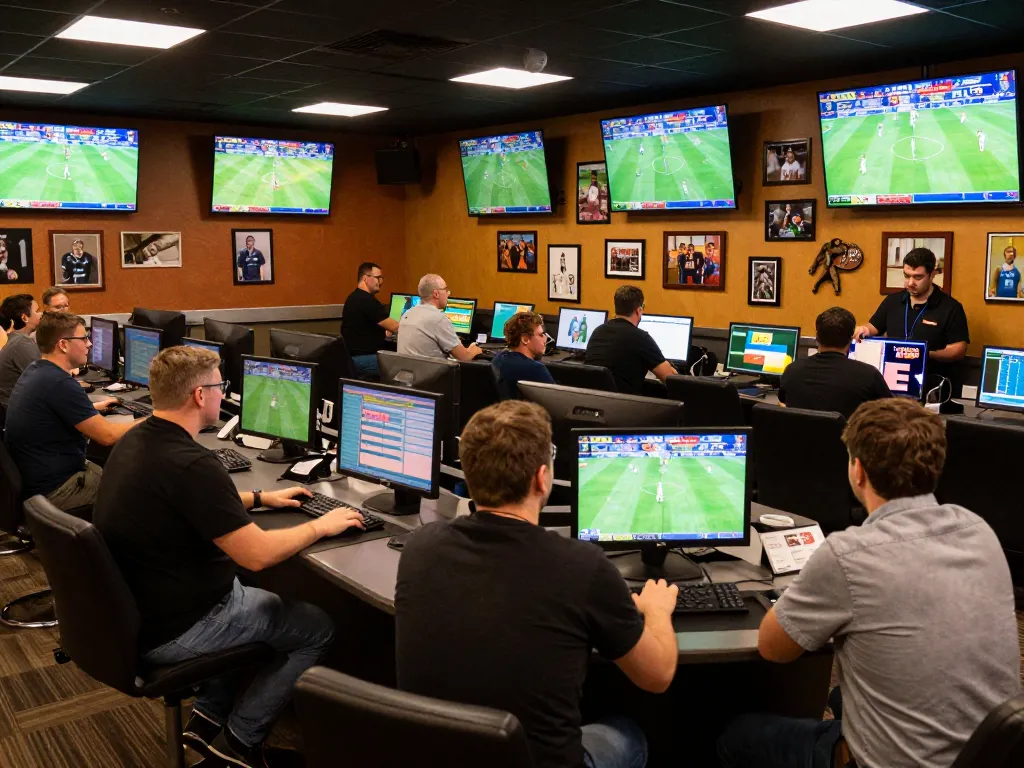 Betters excitedly placing wagers at 78win sports betting lounge, vibrant atmosphere showcasing live sports.