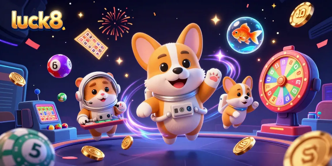 Engage with luck8's exciting games featuring a floating astronaut and vibrant casino elements.
