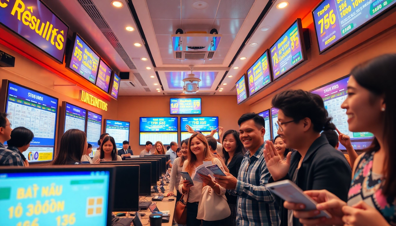 Soi cầu xổ số results hub with excited individuals checking lottery tickets