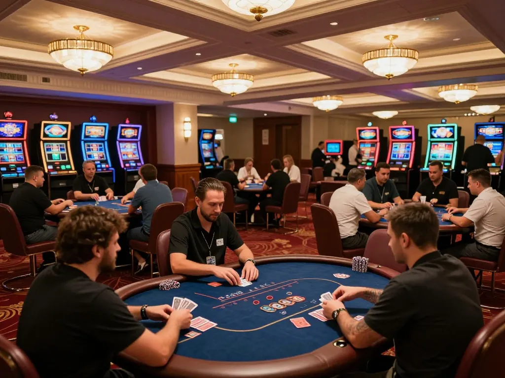 Players enjoying an exciting poker game at Bet168 casino with dealer shuffling cards.