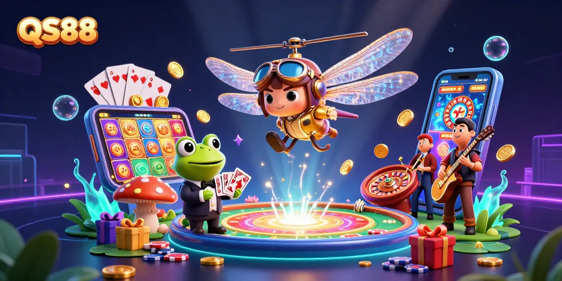 Engage in thrilling gaming at QS88 with a vibrant scene showcasing exciting casino elements and cartoon characters!