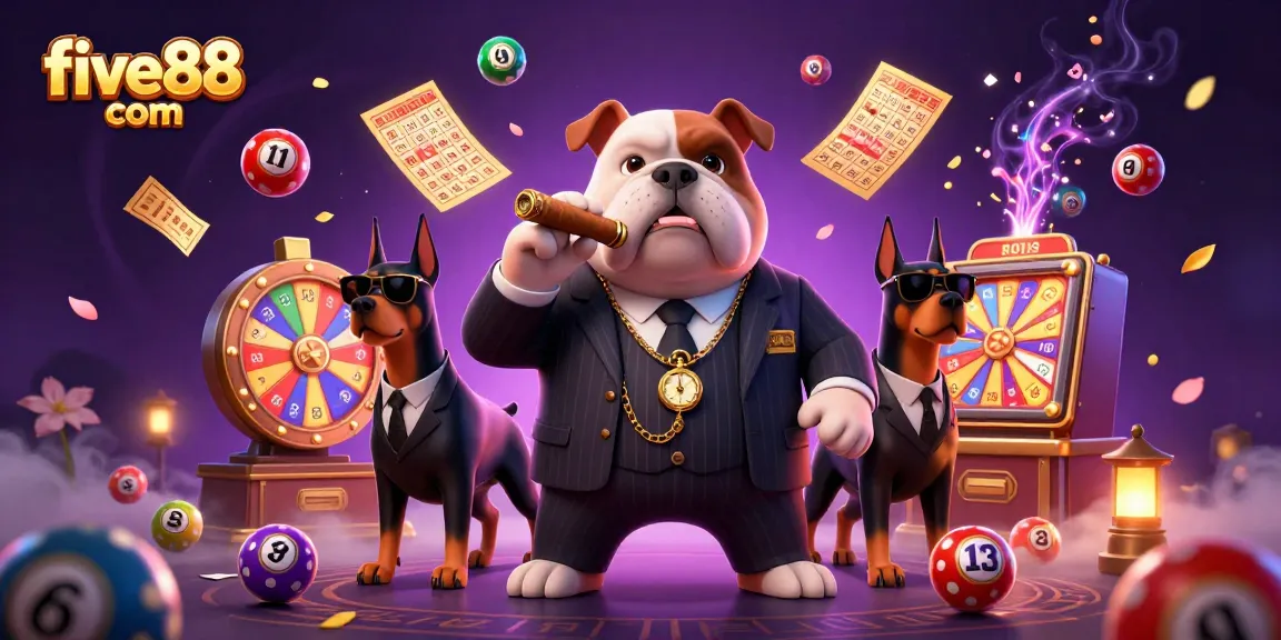 Engage with five88 com in this vibrant illustrated casino scene featuring a mafia bulldog and lottery elements.