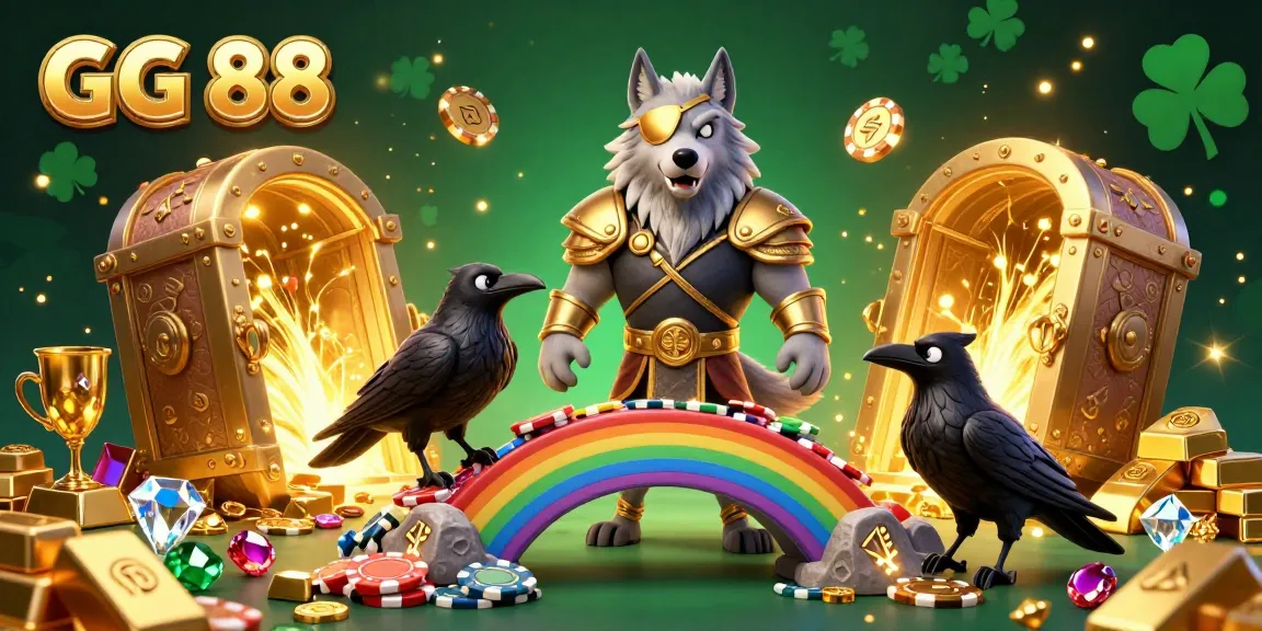 Engage with GG 88's vibrant Norse-themed casino world, filled with glowing treasures and dynamic gaming elements.