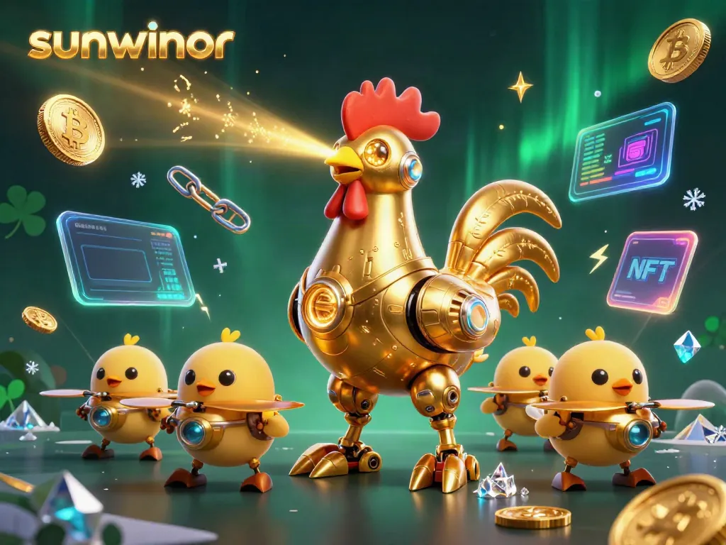 Engage with thrilling games at sunwinor, featuring a golden rooster robot and flying baby chicks amidst neon crypto elements.