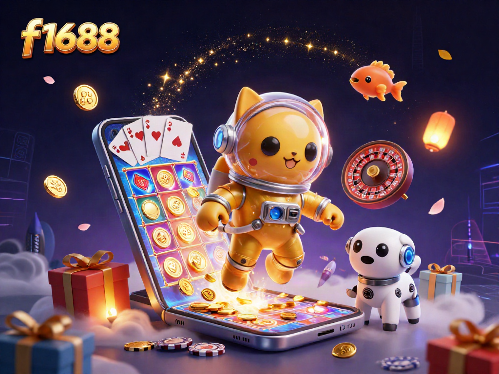 Engage in exciting f1688 slot games showcased by a vibrant scene of a space cat and dynamic casino elements.