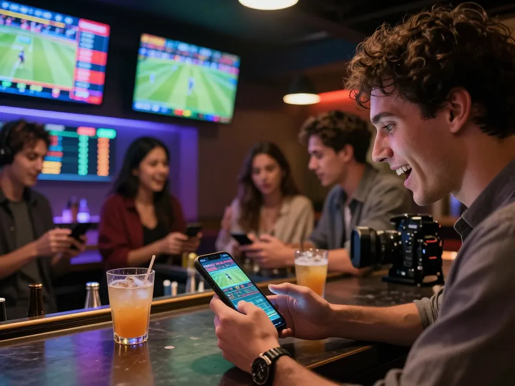 Excited sports bettor using 1Gom app at a trendy bar, live event screens in background.