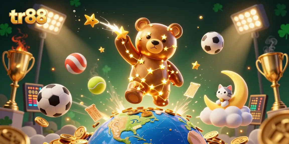 Engage with exciting games at tr88 while witnessing a golden constellation bear amidst vibrant sports elements.