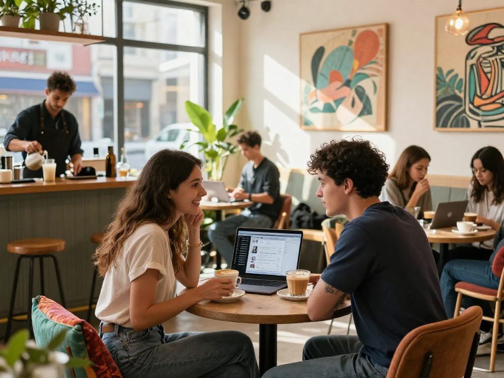 f168dating couple enjoying conversation in a café with dating app on laptop