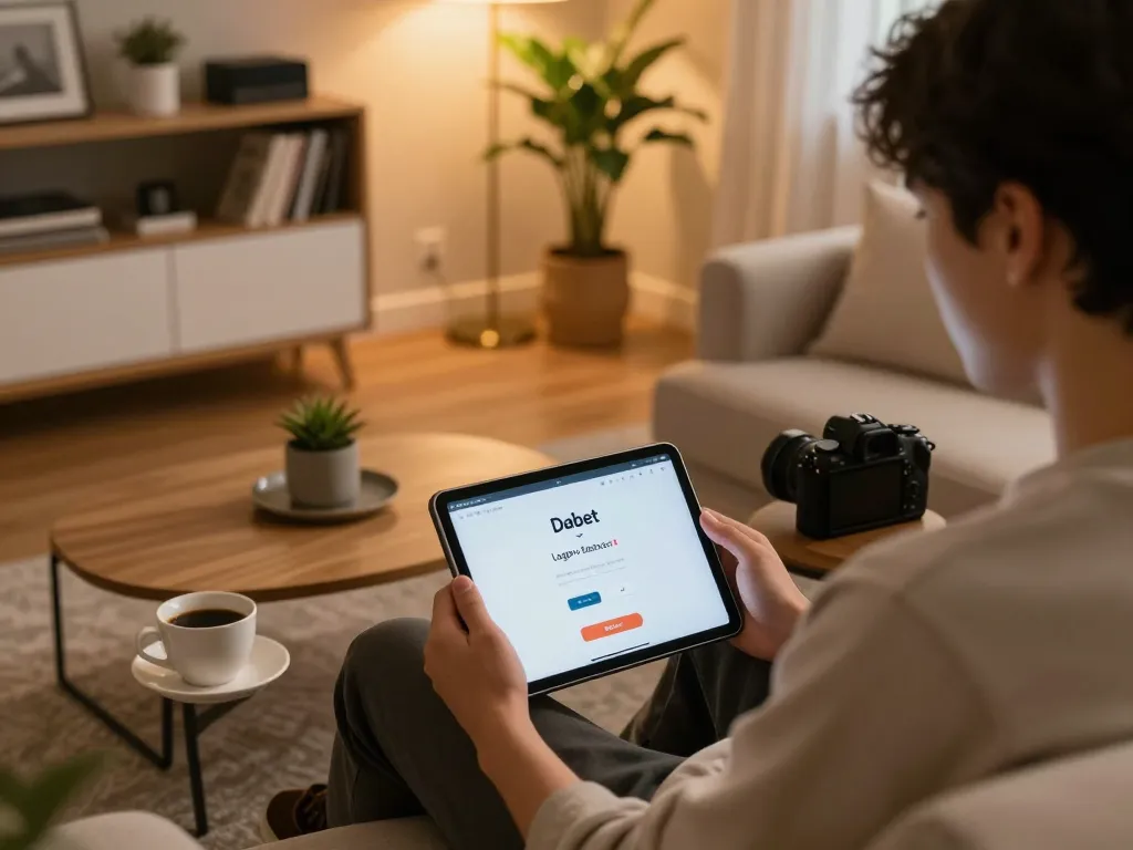 Login Dabet interface displayed on a tablet in a cozy home gaming setup, enhancing user experience.