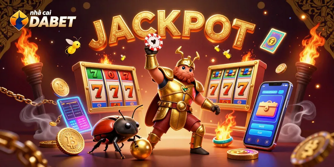 Engage with the vibrant world of nhà cái DABET, featuring a heroic beetle in victory pose amidst dynamic slot reels and cryptocurrency elements.