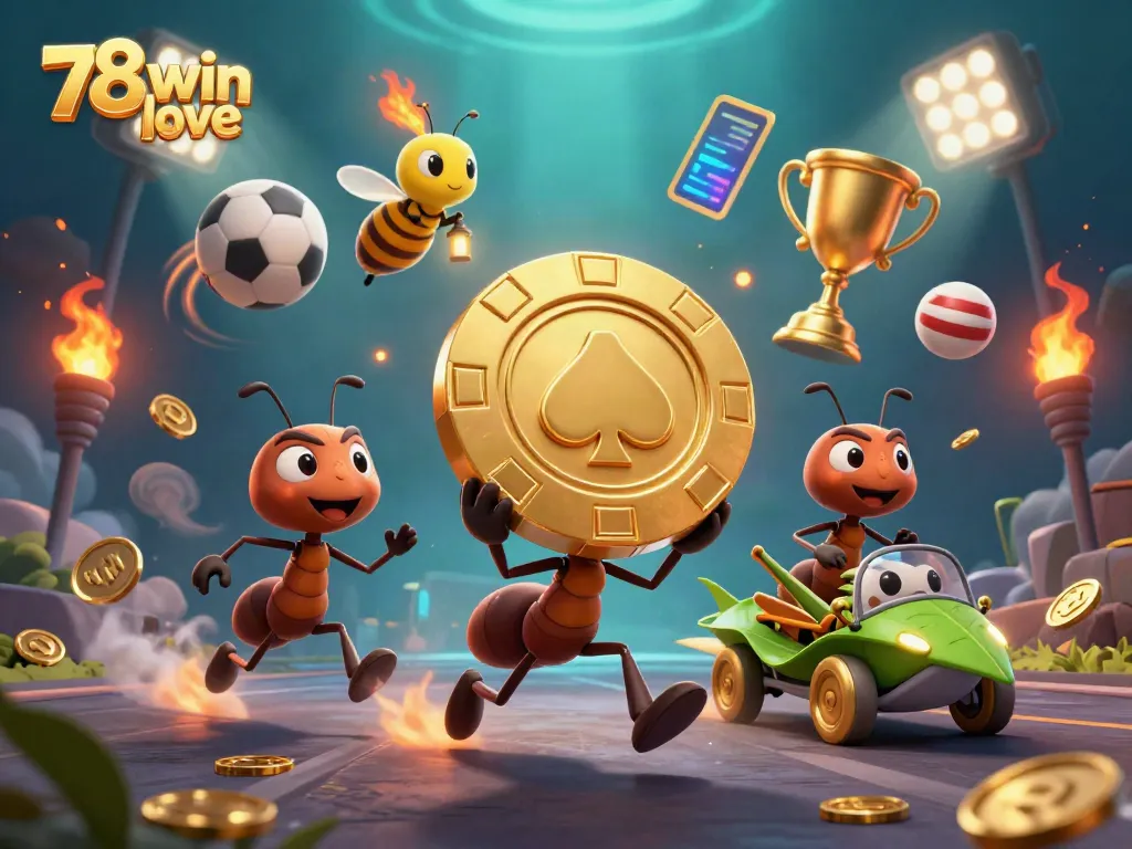 Ants in a heist with a golden poker chip, highlighting the exciting and adventurous spirit of 78win love.