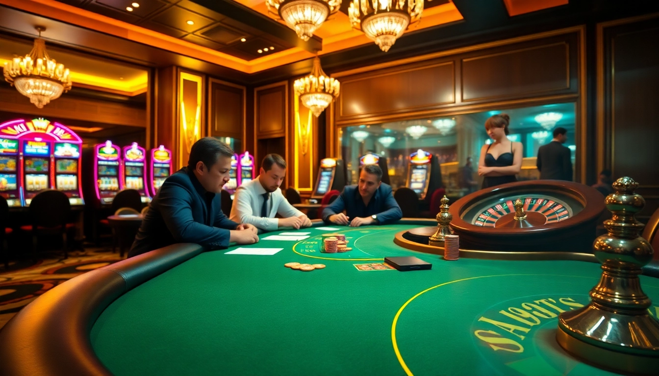 Man club players enjoying an intense poker game at a luxurious casino.