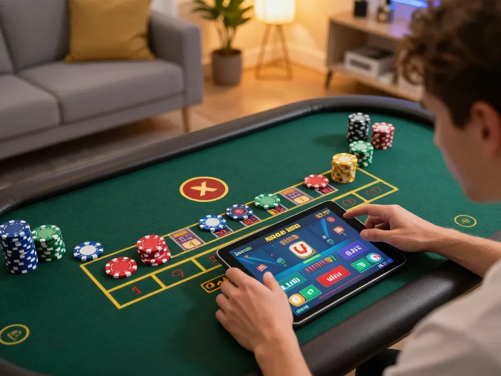 xóc đĩa gameplay with colorful chips on a tablet screen in a modern home.