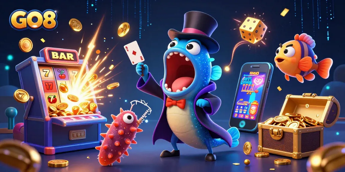 GO8 casino illustration of magical deep-sea characters performing card tricks amidst a vibrant slot machine explosion.
