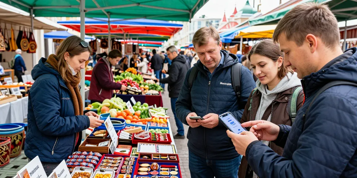 Gemakkelijke betalingen met de PayInRussia-app op een drukke markt in Rusland.