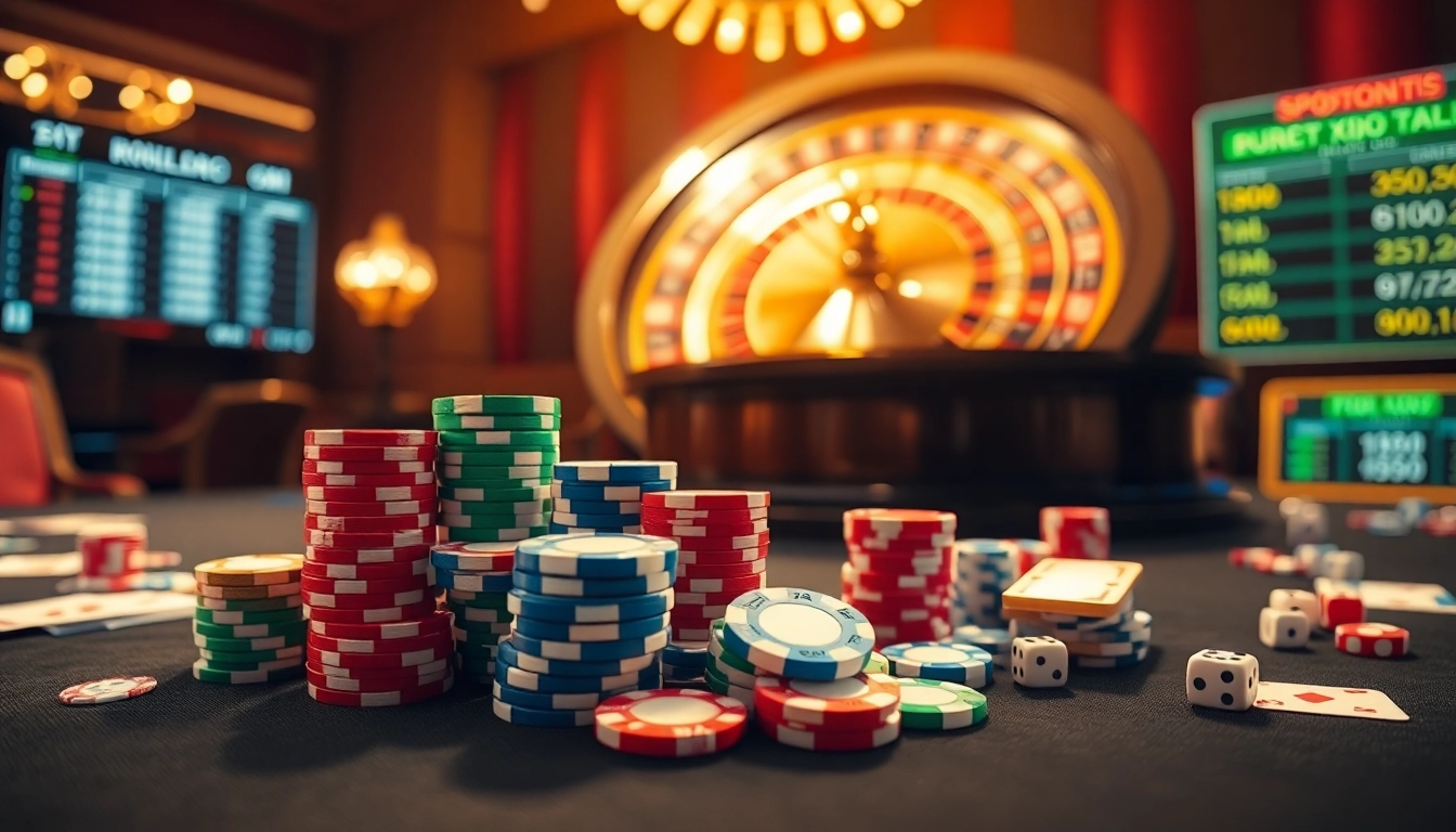 Kết quả xổ số displayed prominently in a vibrant casino setting with poker chips and roulette.