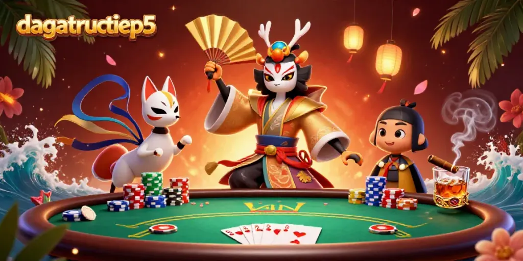 Experience the vibrant excitement of dagatructiep5 with kabuki warriors and poker scenes.