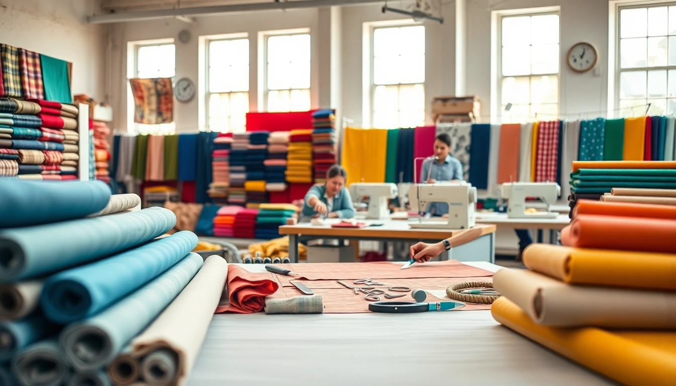 Katoenen canvasstof met diverse kleuren en patronen in een professionele werkruimte.