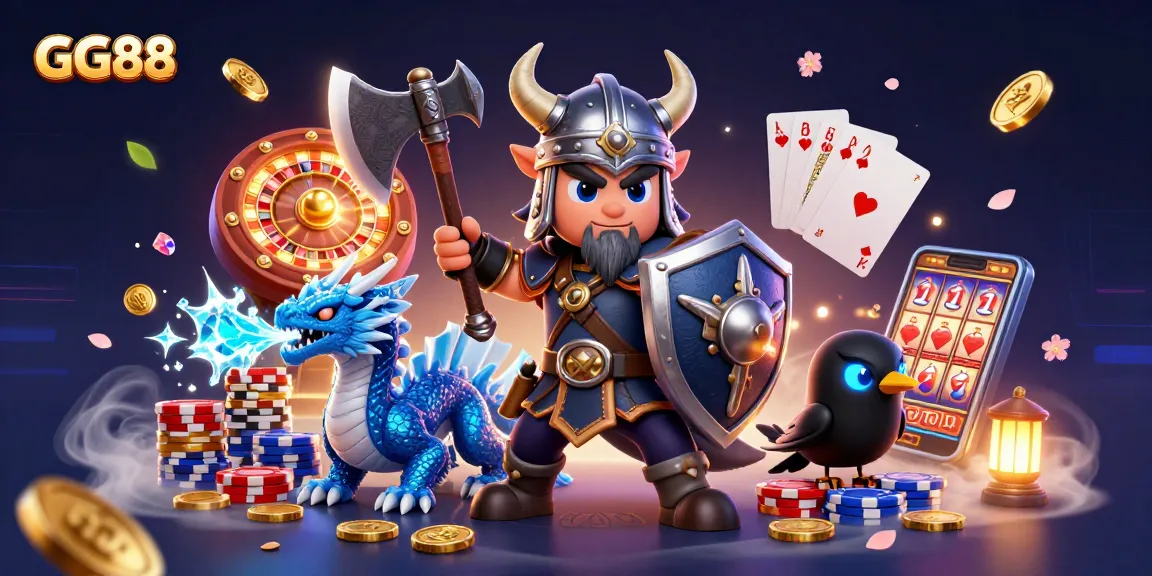 GG88 features a Viking wolf warrior and a fierce dragon amidst a rich casino backdrop, embodying excitement.