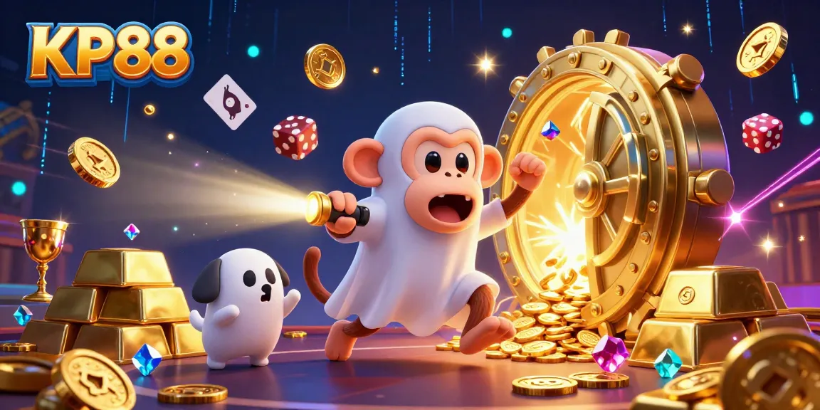 Track the playful KP88 poltergeist monkey juggling golden casino treasures with the curious puppy.