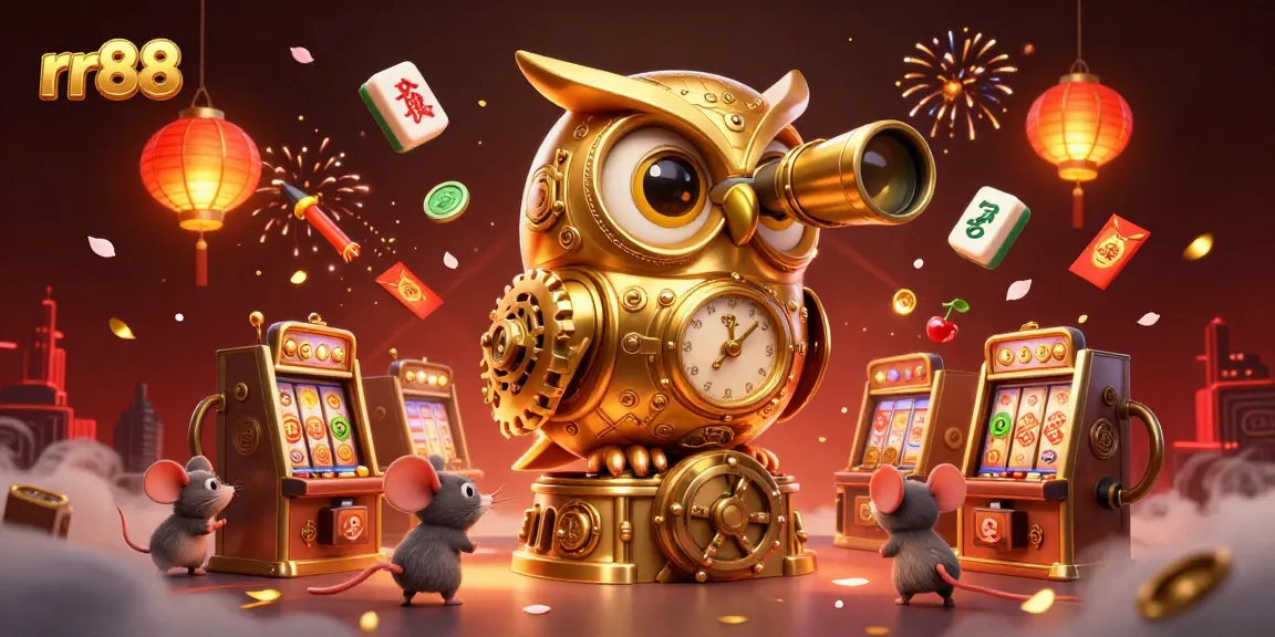 Engage with rr88's games featuring an owl overseeing a lively casino scene filled with vibrant elements.