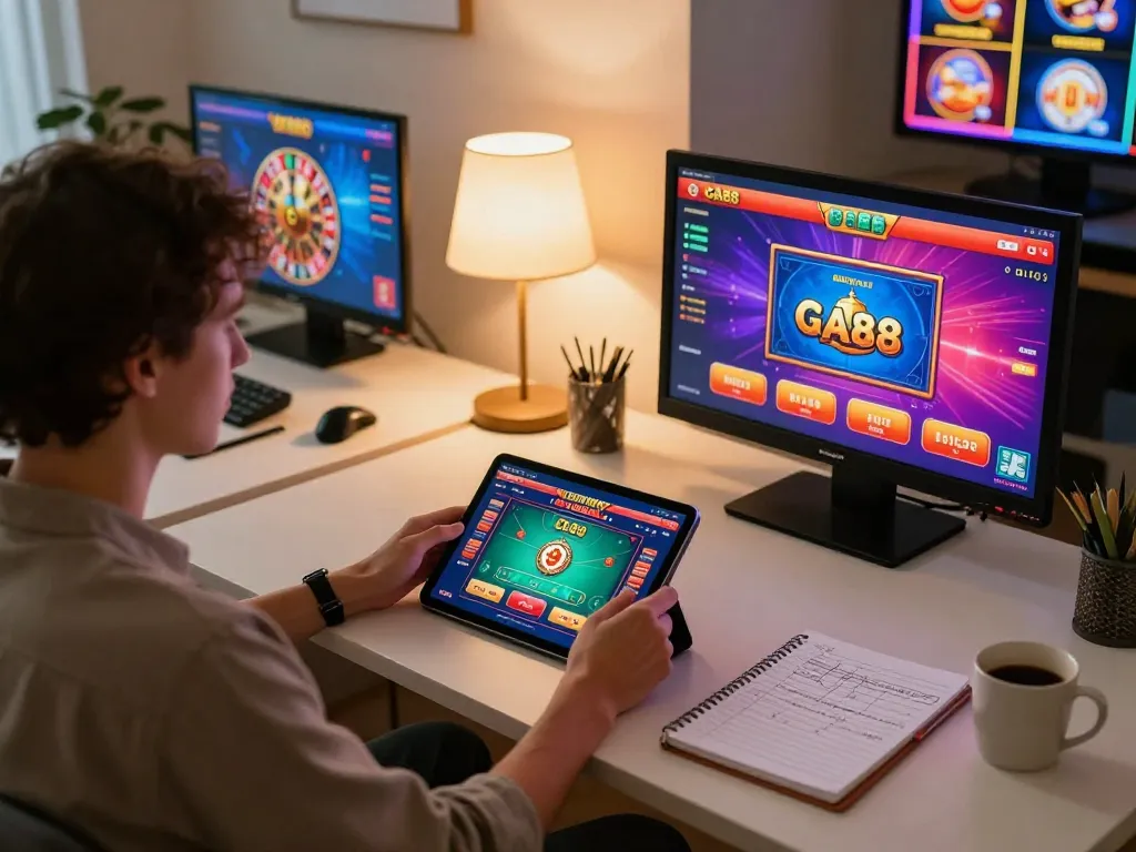 Engaging online gaming session focusing on GA88 poker game amidst cozy home setting