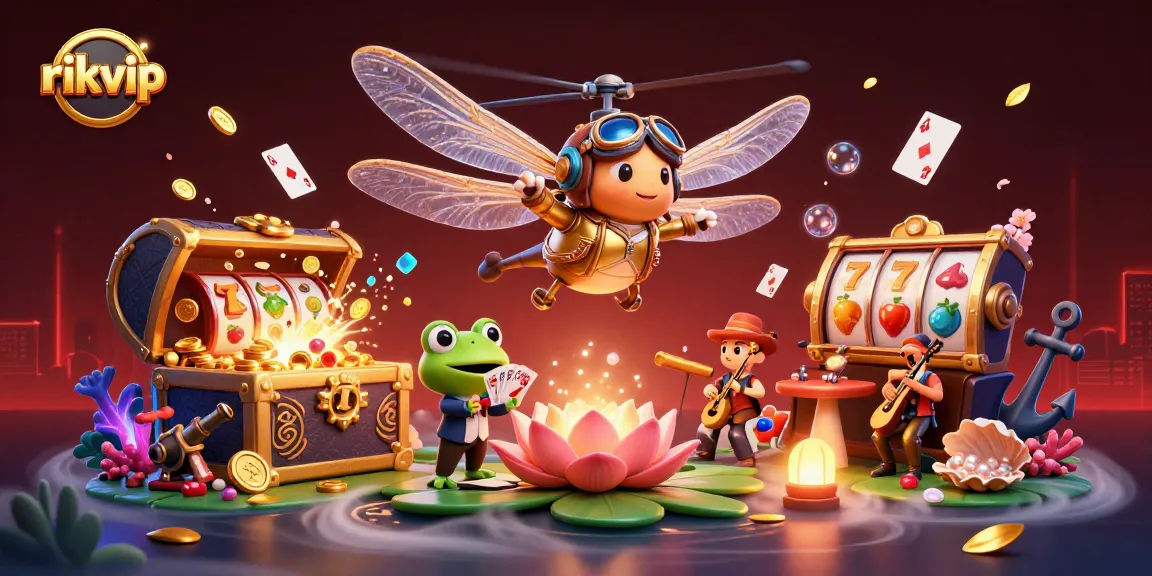 Play engaging games with rikvip as a 3D dragonfly pilot hovers over a vibrant lily pad casino.