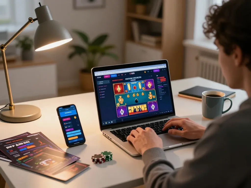 Person strategizing on cm88 online casino game setup in a cozy home office.