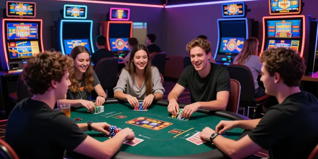 Engaged players enjoying five88 online casino games in a lively atmosphere.