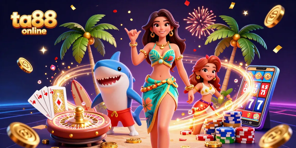 Experience exciting casino thrills at ta88 online with a glamorous beach goddess and energetic shark in a vibrant scene.