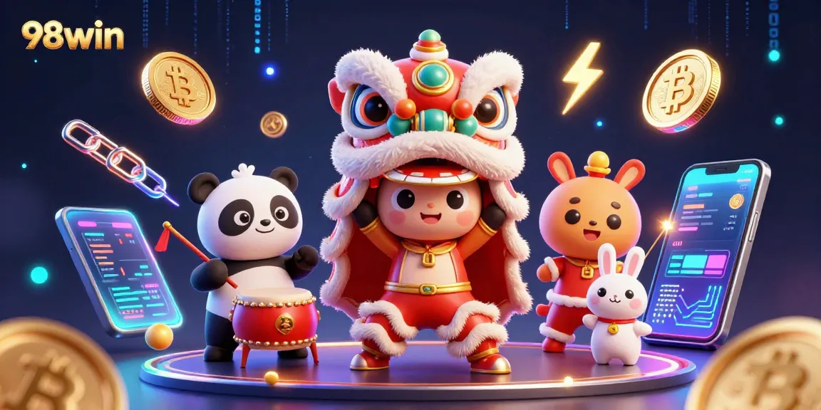 Experience the excitement of 98win with a vibrant 3D dancing lion, pandas, and crypto elements.