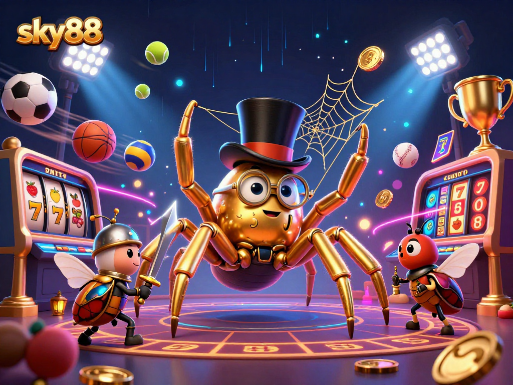 Experience thrilling games at sky88 with a vibrant scene of exciting casino elements and characters.