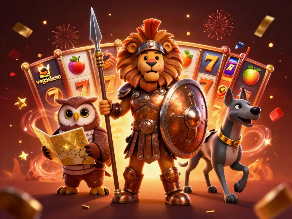 Engage with exciting gameplay scenes at vegashero featuring a 3D Spartan lion and vibrant casino elements.