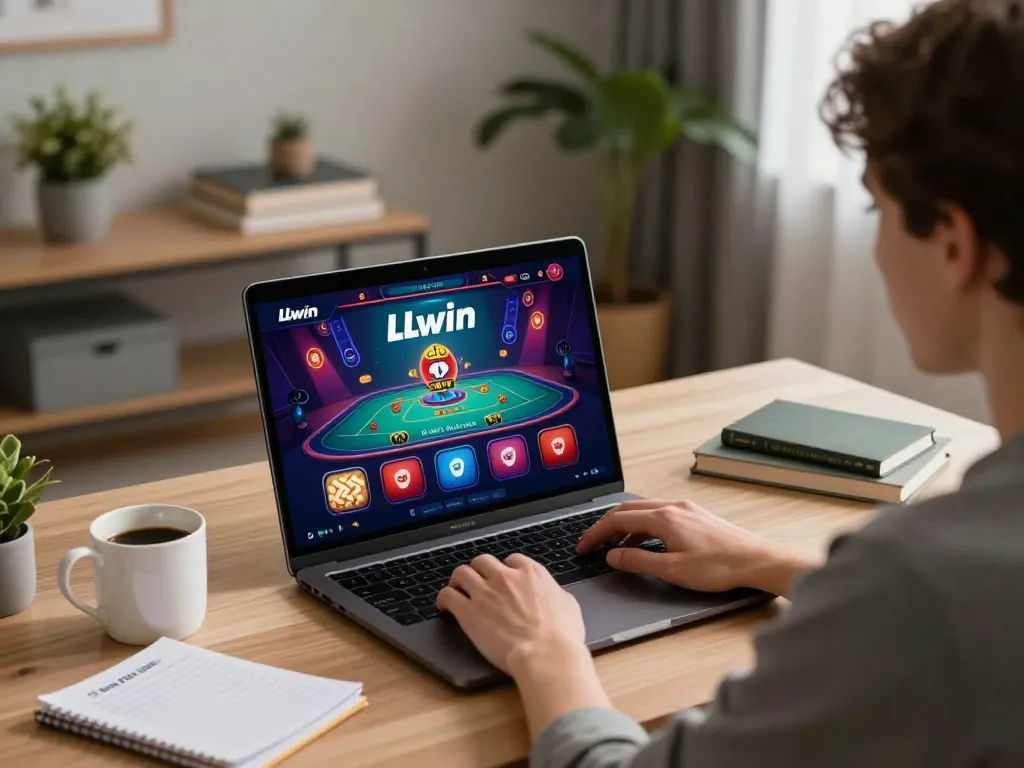 Engaged gambler on trang chủ LLwin using laptop at home, showcasing a vibrant casino interface.