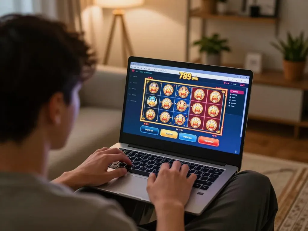 Engaging in online casino gaming at 789win, with vibrant game visuals on laptop.
