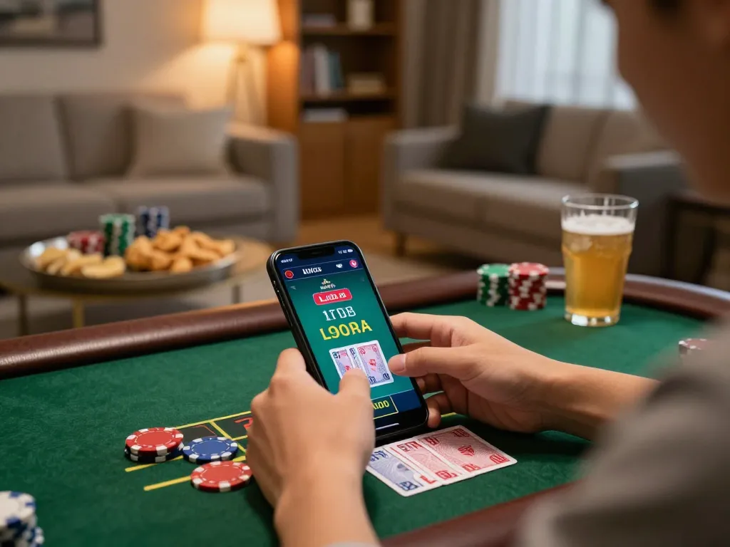 Engaging in live dealer blackjack at Lu88 casino on mobile device, cozy home setup with snacks