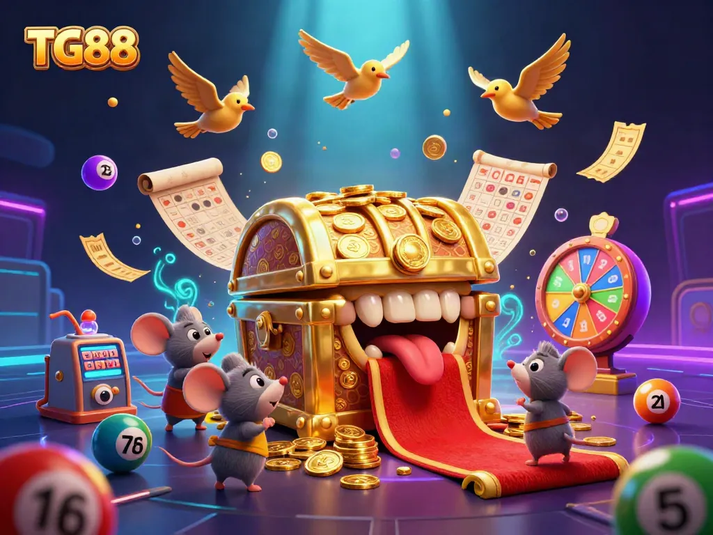 Win big with TG88's vibrant gaming scene featuring dynamic lottery elements and treasure icons.