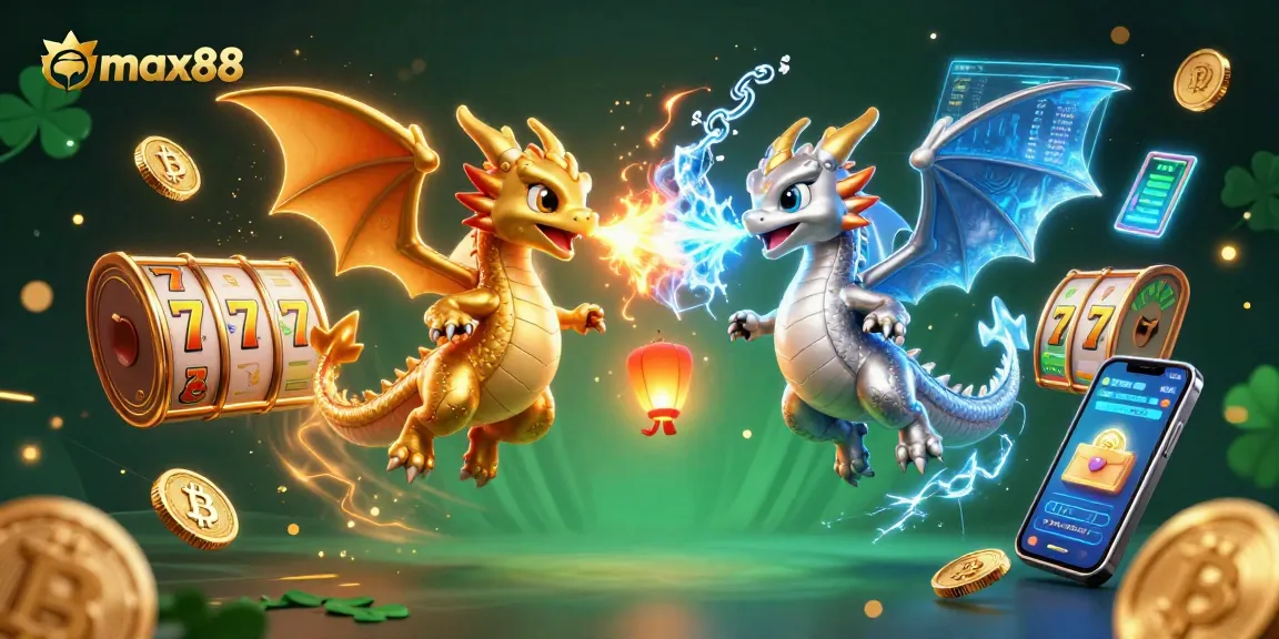 Experience thrilling bets at max88 with golden and silver dragons in a vibrant casino scene.