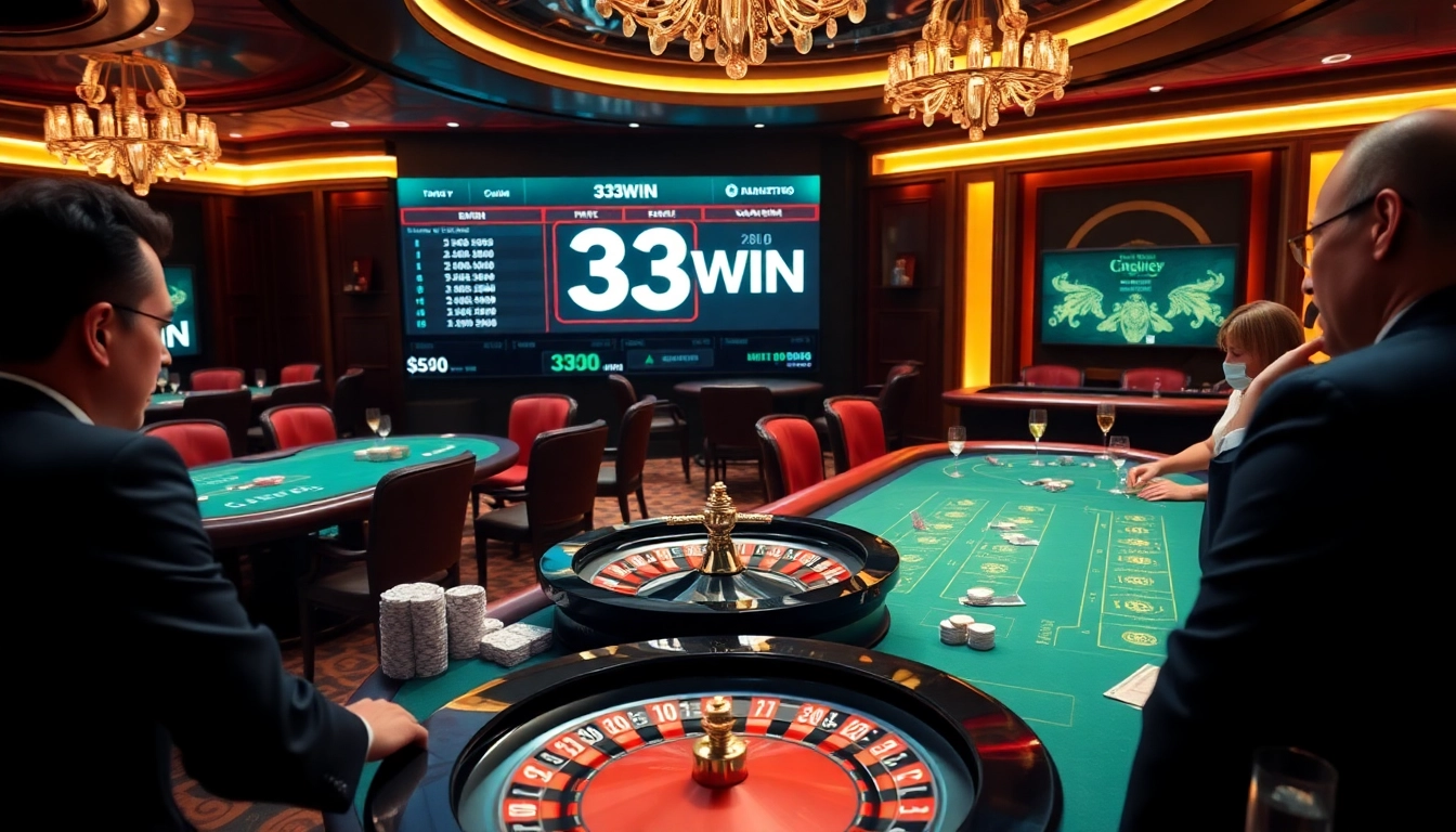 33WIN players celebrate their wins at a luxurious casino with roulette and blackjack tables.