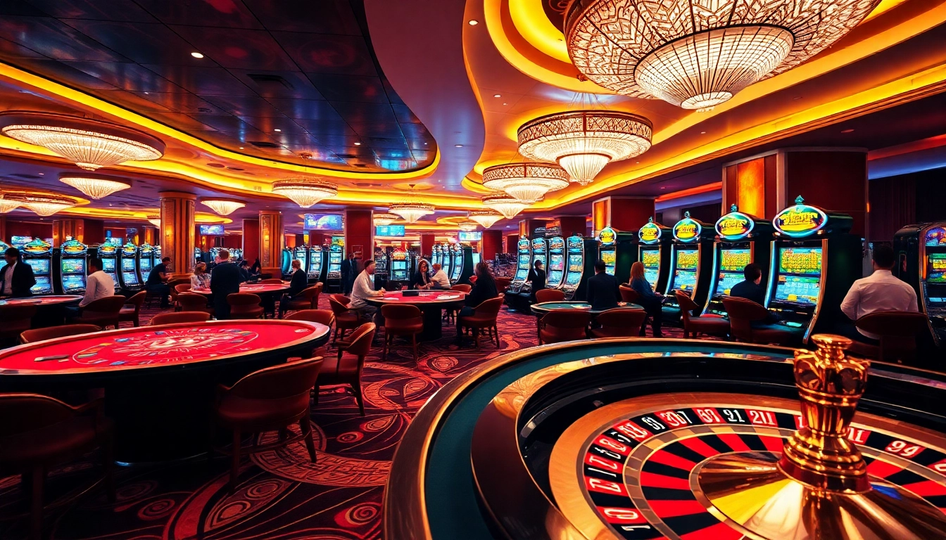 Experience the thrilling atmosphere of TX88 casino with colorful gaming tables and slot machines.