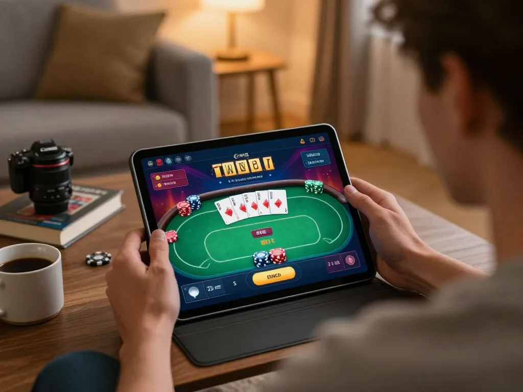 Player immersed in a sunwin casino app from home, showcasing a strategic poker game